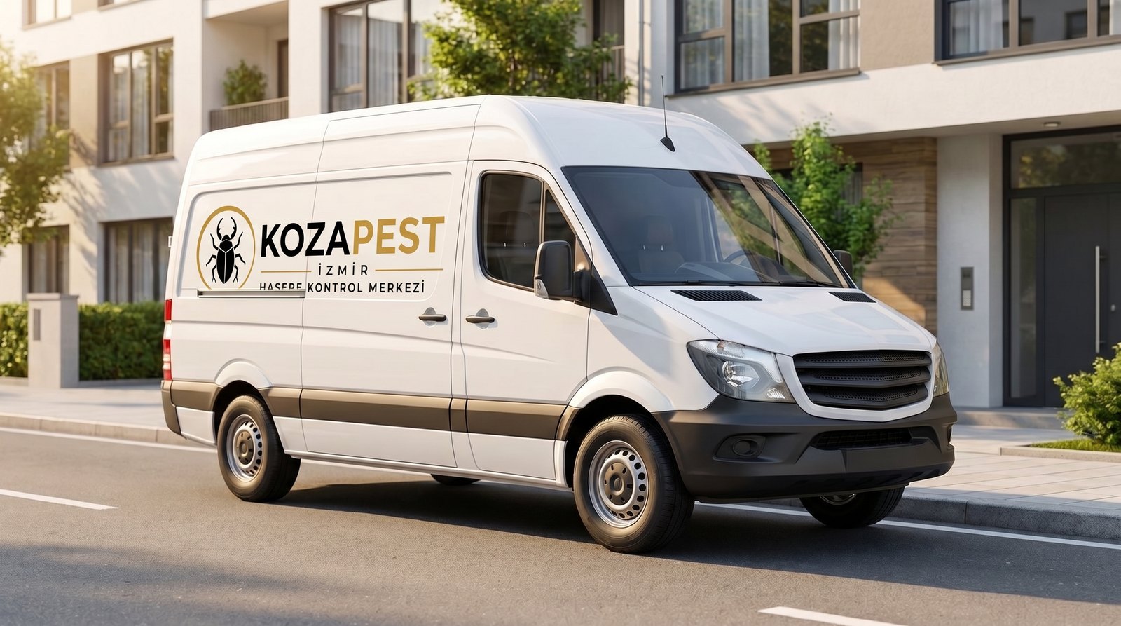 KozaPest markalı beyaz hizmet aracı İzmir'de bir binanın önünde